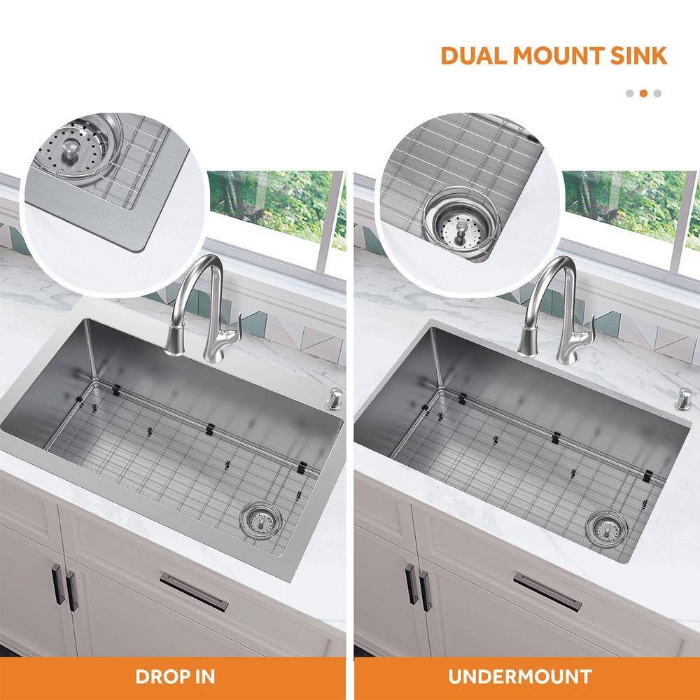 Glacier Bay AIO Dolancourt Tight Radius Drop-InUndermount 18G Stainless Steel 33 in. Single Bowl Kitchen Sink with Pull-Down Faucet VDR3322A1PA1-2A