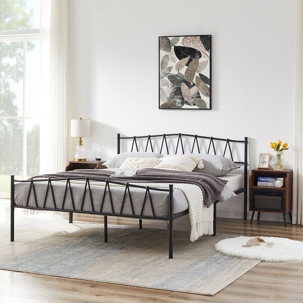 Industrial 3 Piece Bedroom Set Black Platform Bed Frame and Modern Brown Nightstands Set of 2 - - 36529080