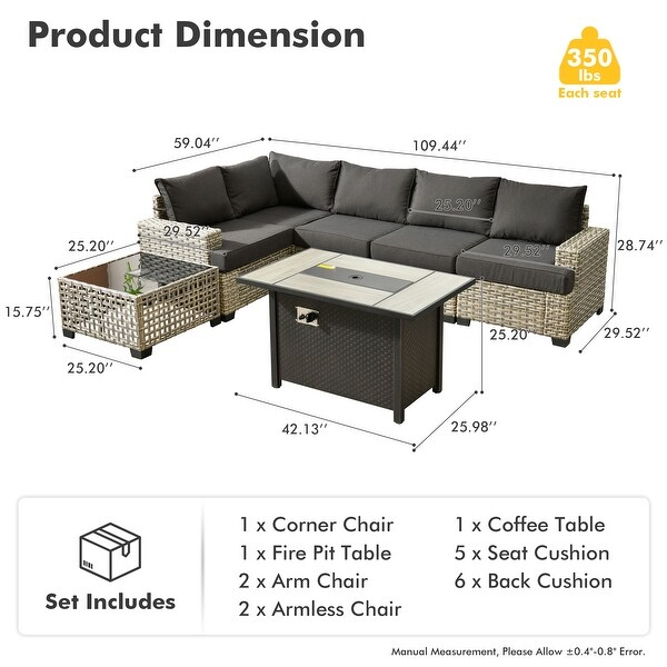 OVIOS 7 Pieces T shaped Seat Wide Armrest Set With SolarPowered Coffee TableandFire Pit