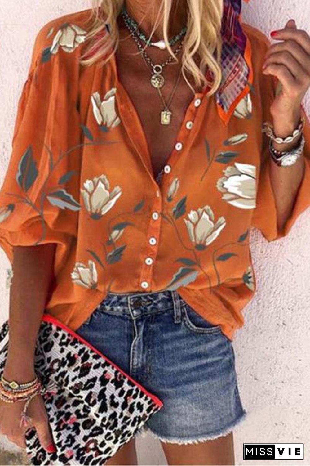 Floral Print Casual V-Neck Blouse