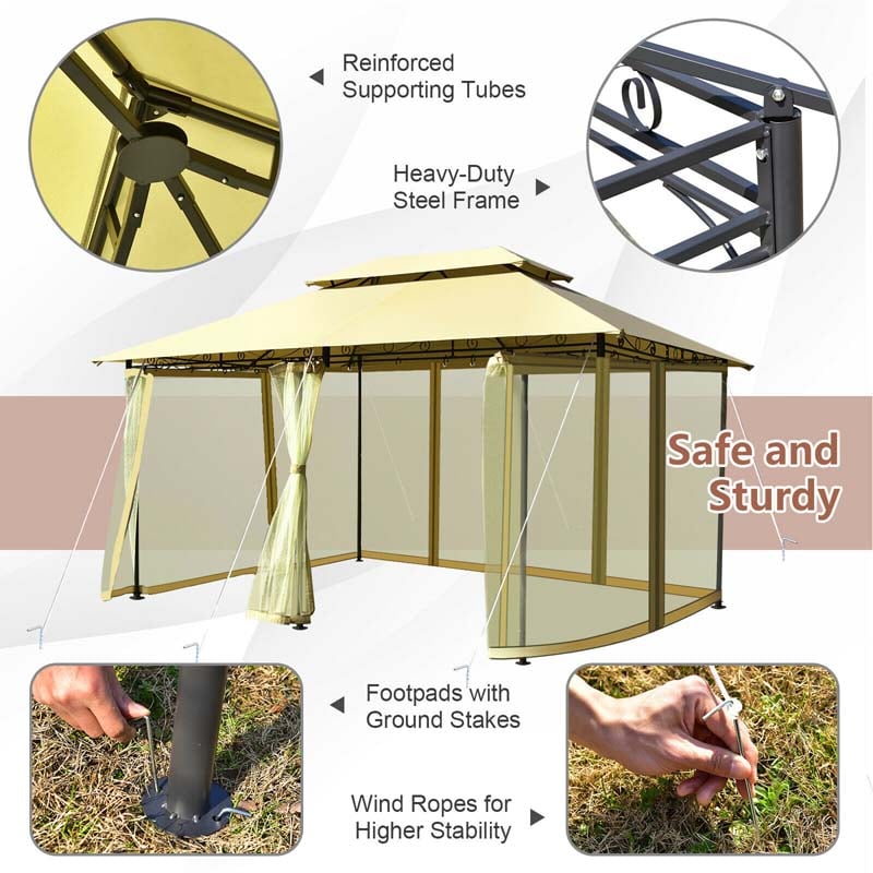 10 x 13 FT Steel Patio Gazebo with Mesh Curtains, 2 Tier Vented Roof Outdoor Canopy Gazebo Tent