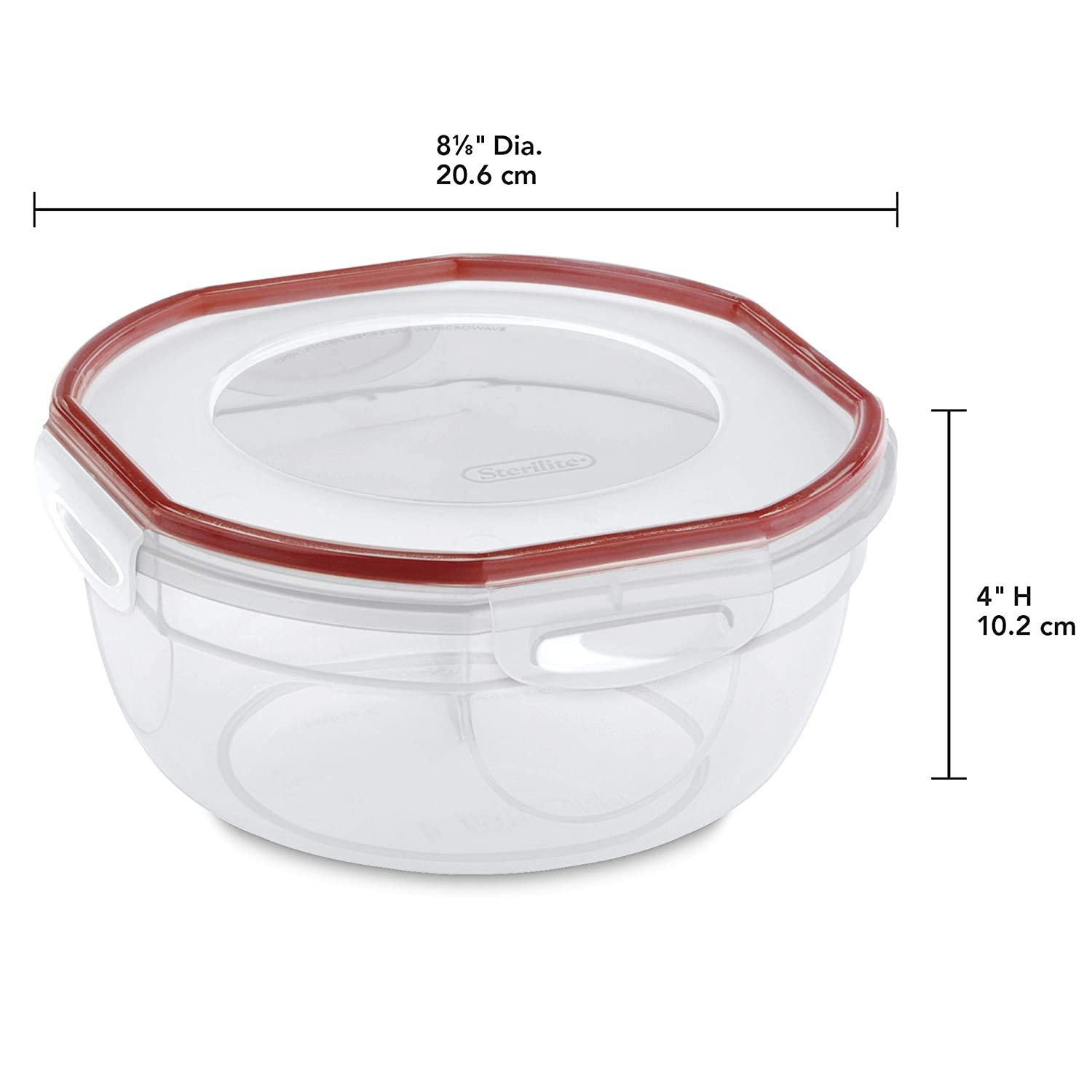 Sterilite 0 Ultra-Seal 2.5 Quart Bowl， Clear Lid and Base with Rocket Red Gasket， 4-Pack