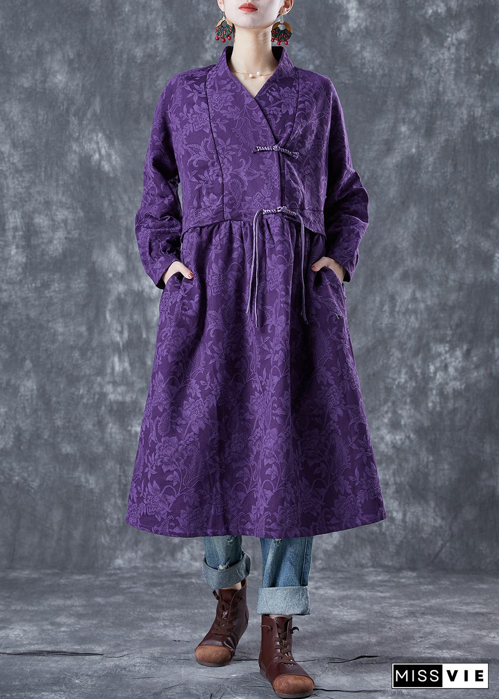 Chinese Style Purple Stand Collar Jacquard Linen Maxi Dresses Spring