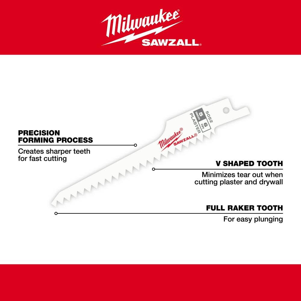 Milwaukee 5 in. 6 TPI Plaster SAWZALL Blades 5PK 48-00-5052 from Milwaukee