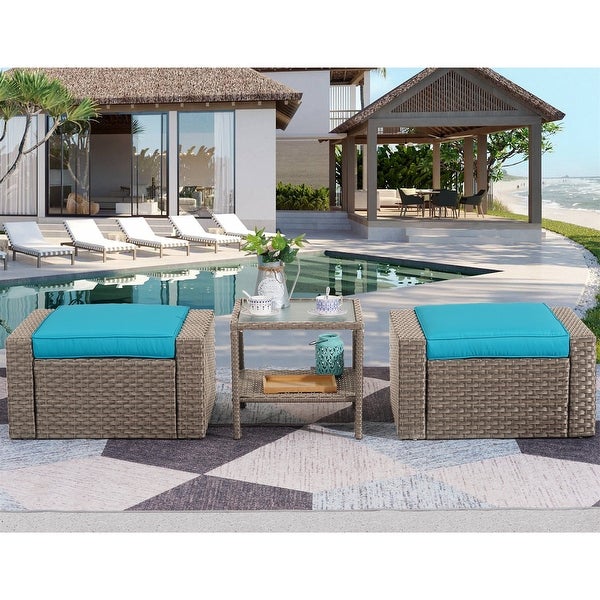 3 Piece Outdoor Ottomans with Glass Coffee Table - Overstock - 37928260