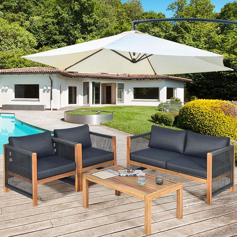 4 Pcs Acacia Wood Outdoor Loveseat Sofa Set with 2 Single Chairs & Coffee Table, Cushions