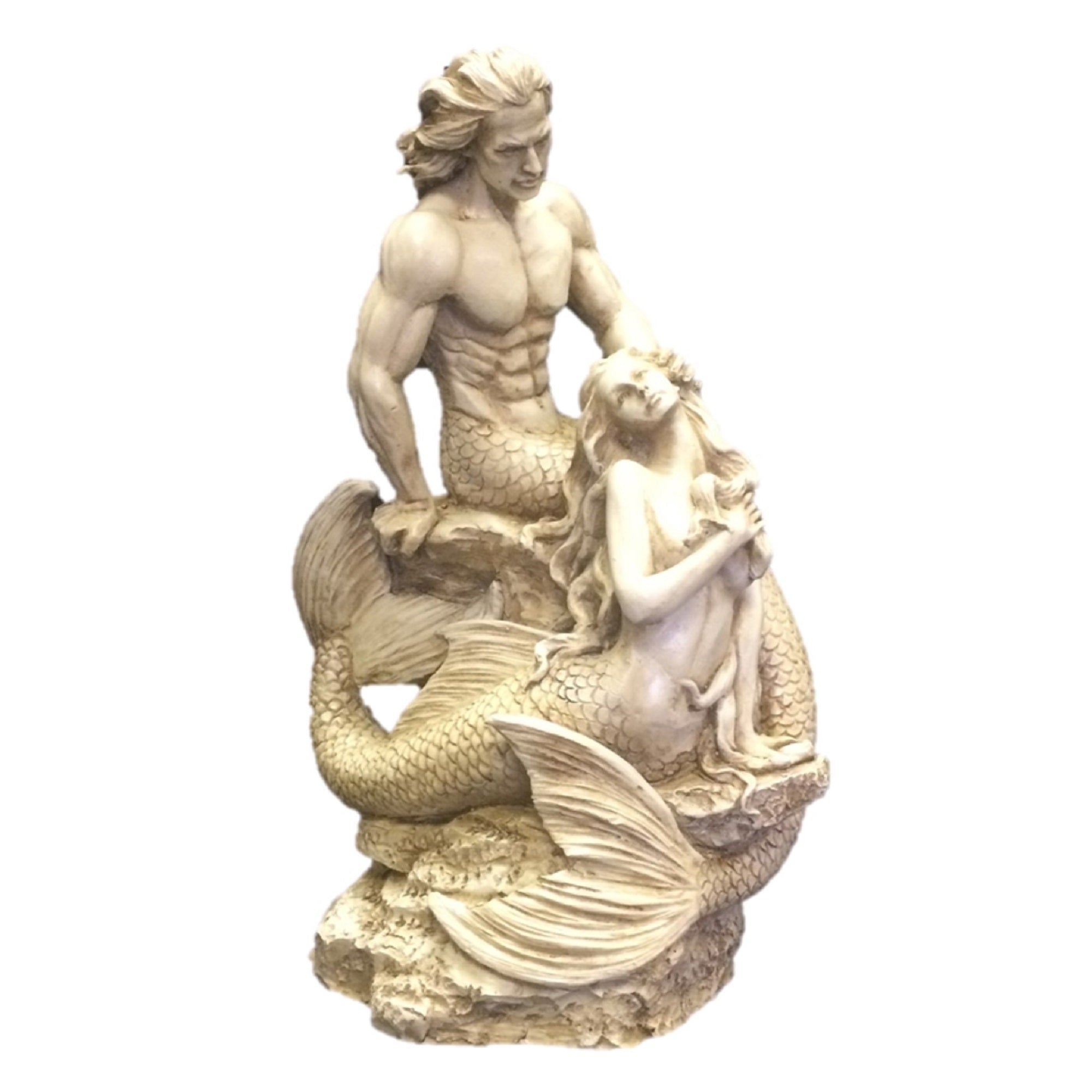 Homestyles 18 in. Sexy Merman & Mermaid on the Oceans Rock in Antique White Finish Nautical Garden Beach Statue