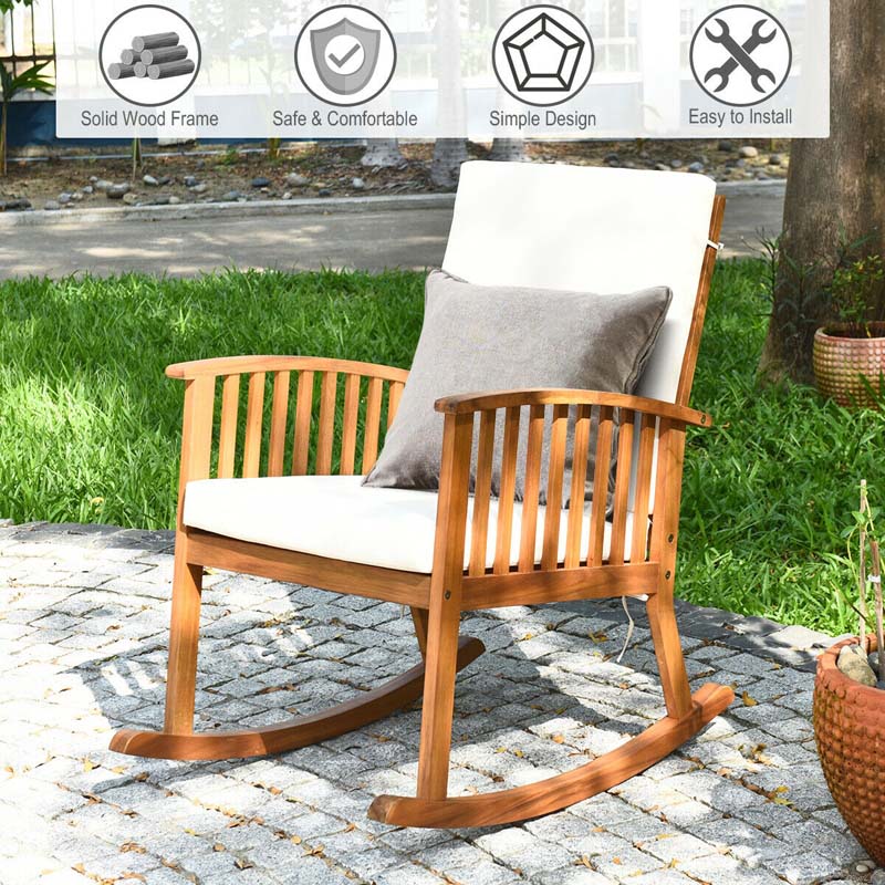 Acacia Wood Outdoor Rocking Chair, Wooden Porch Rocker with Detachable Washable Cushions