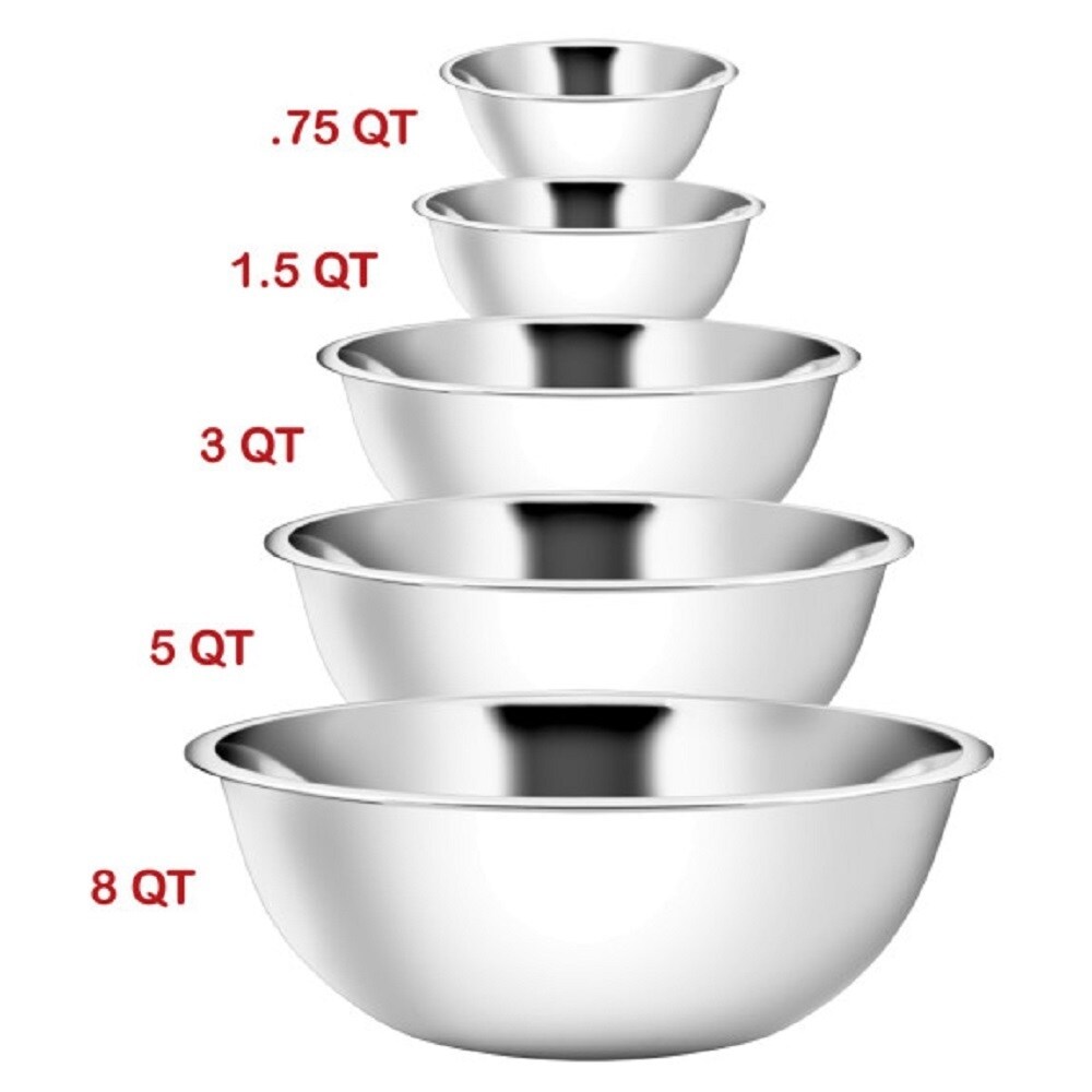 Stainless Steel Mixing Bowls (Set of 5) for Baking  Cooking Includes 0.75  1.5  3  5  8 Quart  Stackable for Convenient Storage