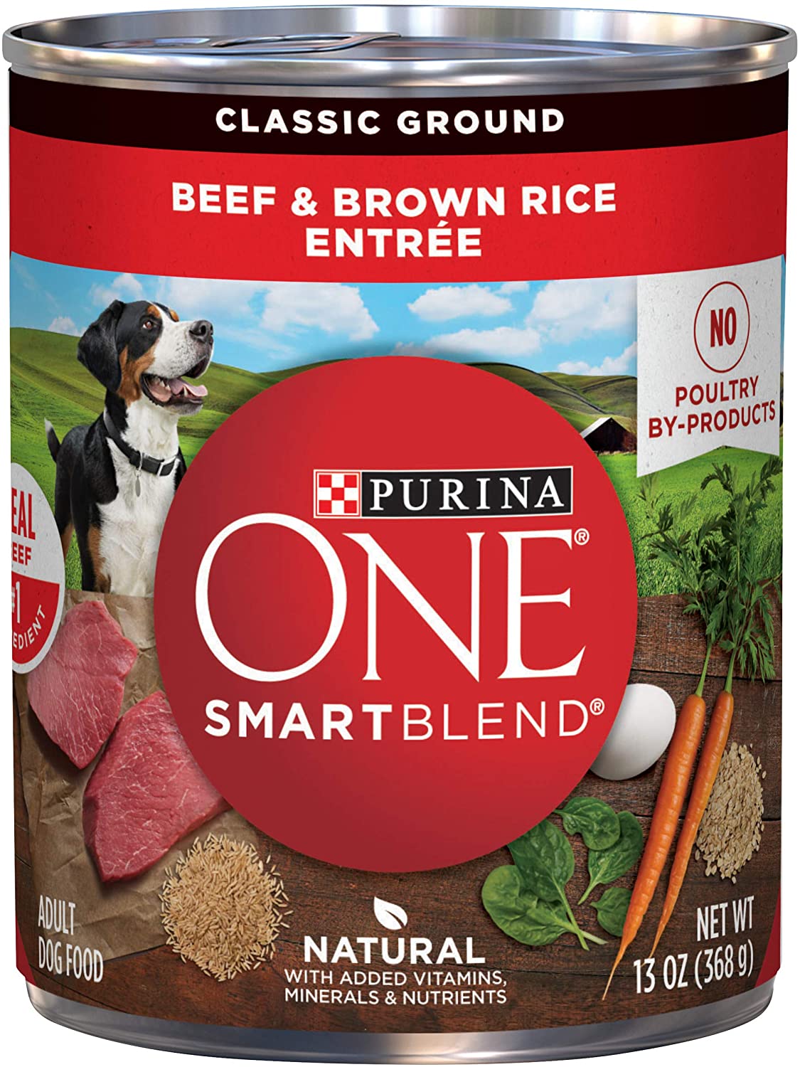 Purina ONE Natural Pate Wet Dog Food， SmartBlend Beef and Brown Rice Entrée - (12) 13 oz. Cans