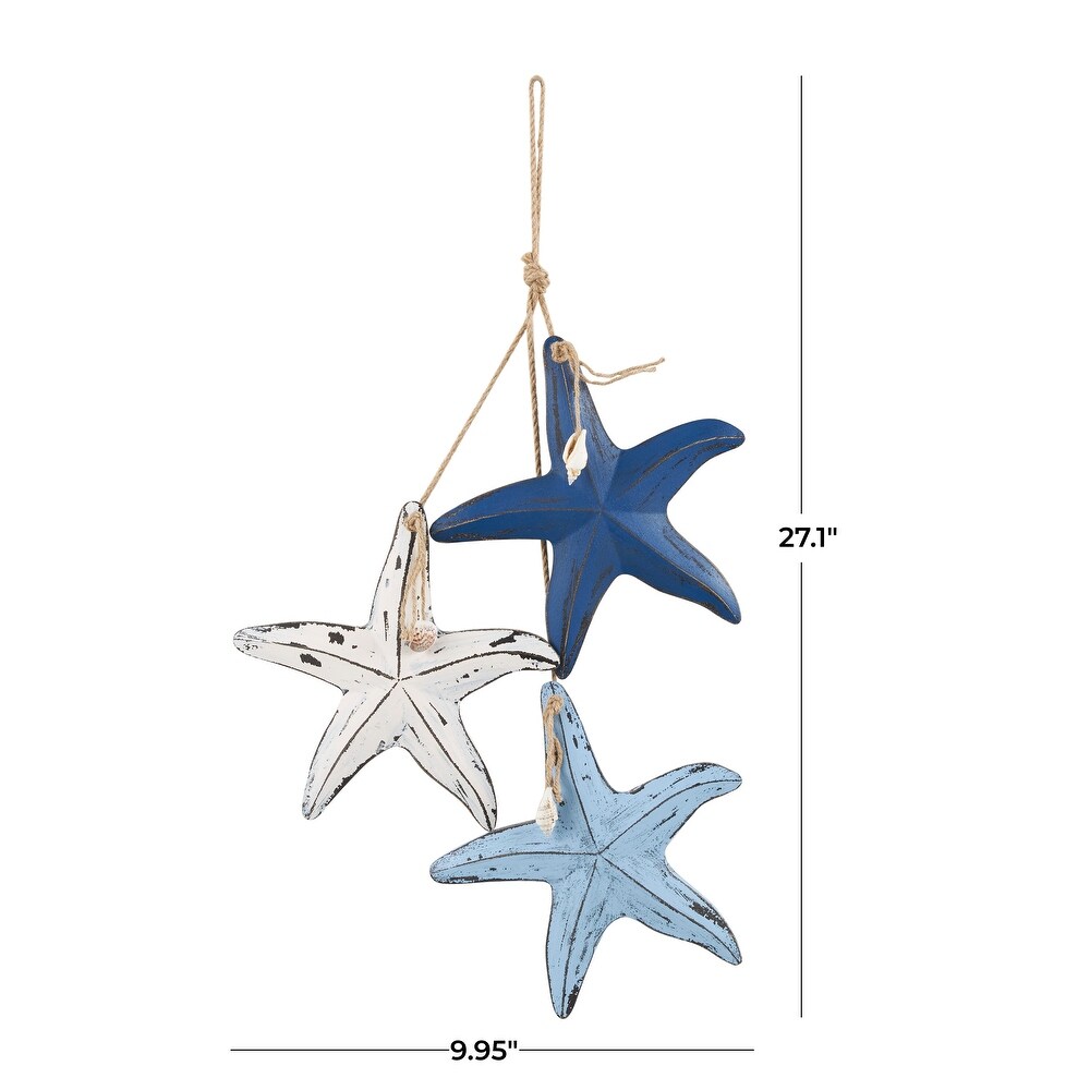 Blue Wooden Distressed Layered Starfish Wall Decor with Hanging Rope and Decorative Shell Accents