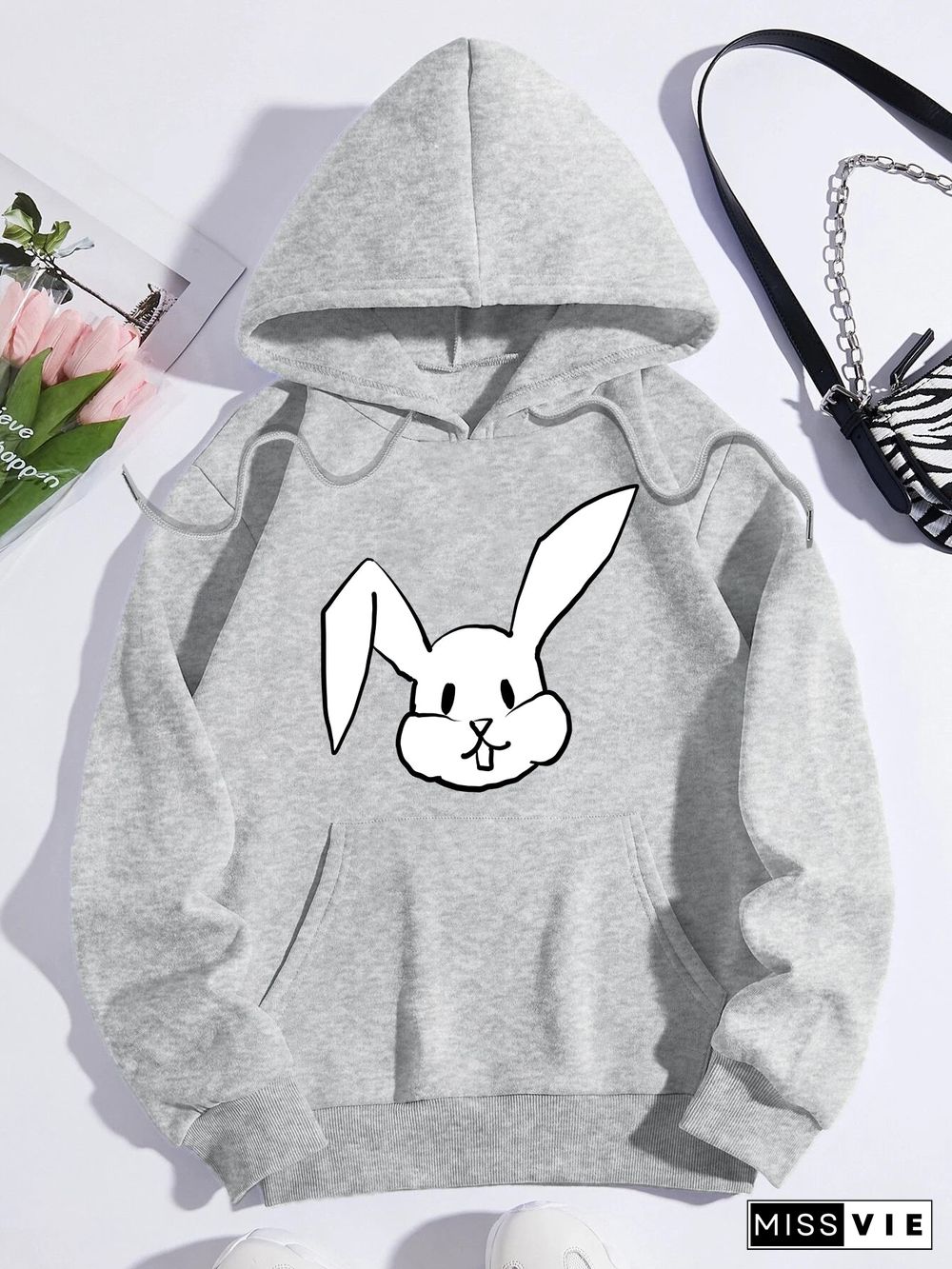 Printed on front Kangaroo Pocket Hoodie Long Sleeve for Women Pattern Big-Eared Rabbit