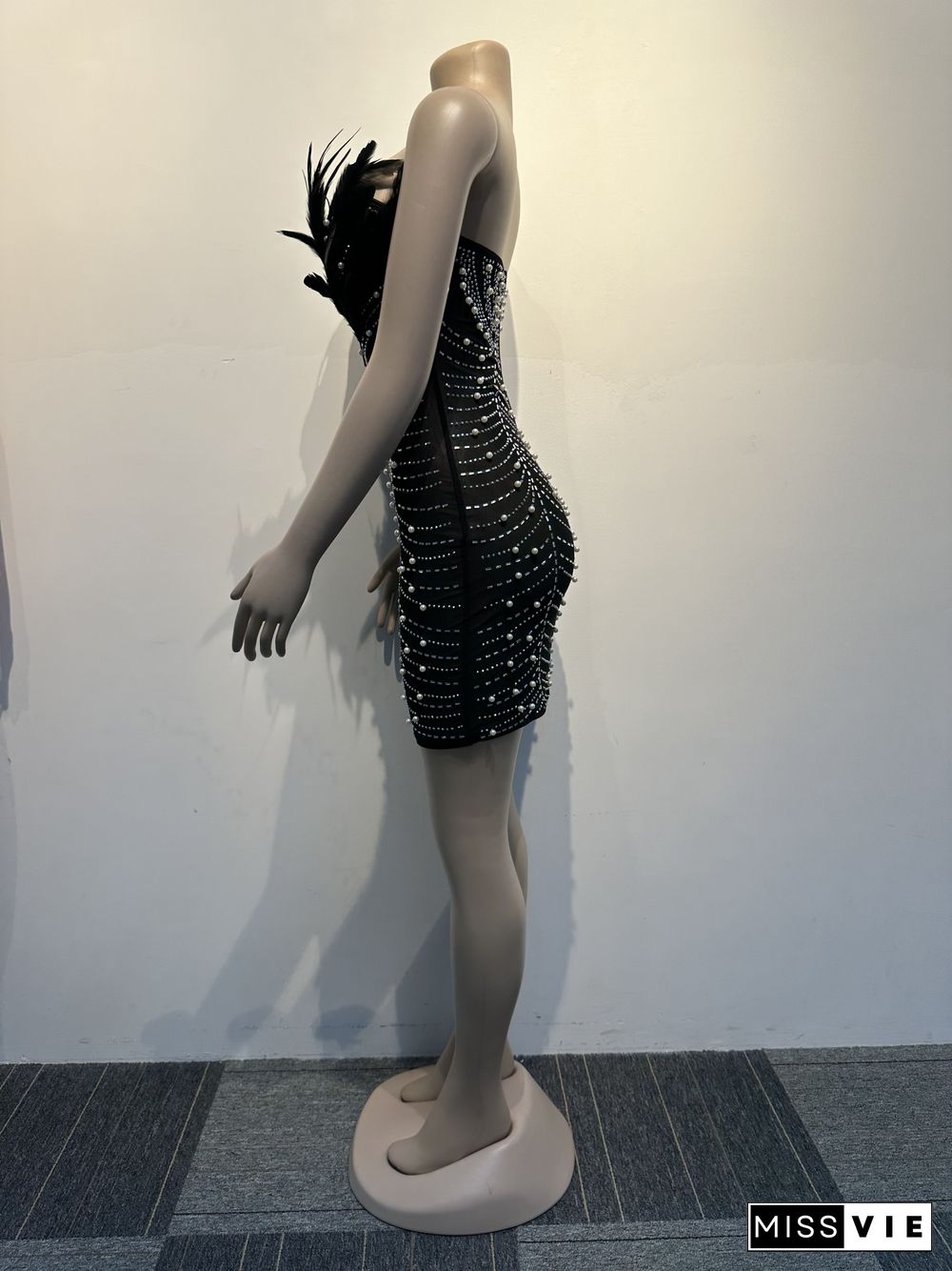 Pre-sale Sexy Feather Hot Drill Pearl Bodycon Dress