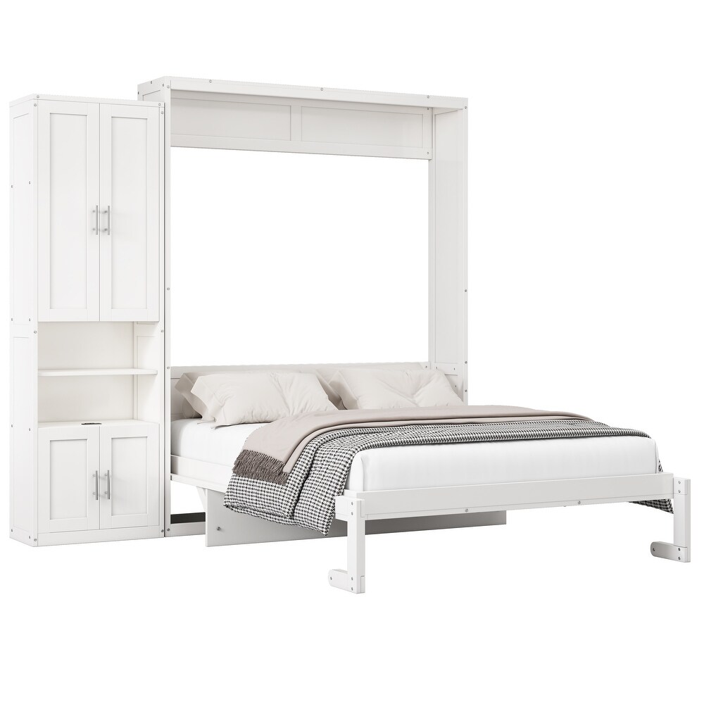 White Queen Folding Wall Bed Folding Platform Bed with 1 Cabinet Storage   Save Space Murphy Bed Desk Combo Chest Cabinet Bed