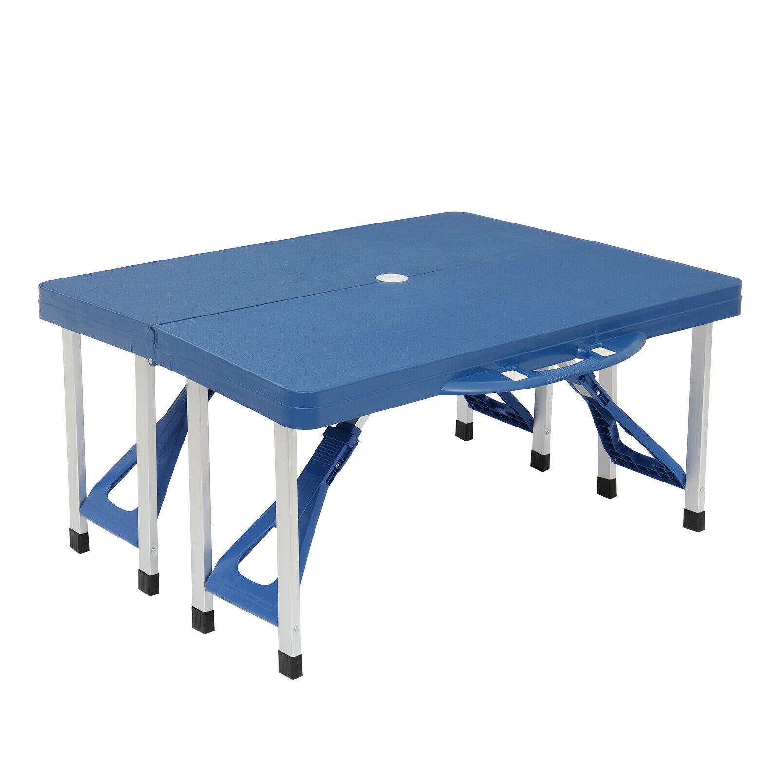 New Arrival Folding Picnic Table and Beach Set， Siamese Tables and Chairs Set， Aluminum Alloy Portable Desk with 4 Seats for Indoor Outdoor Travel， Camping.Hole for Parasol， Foldable