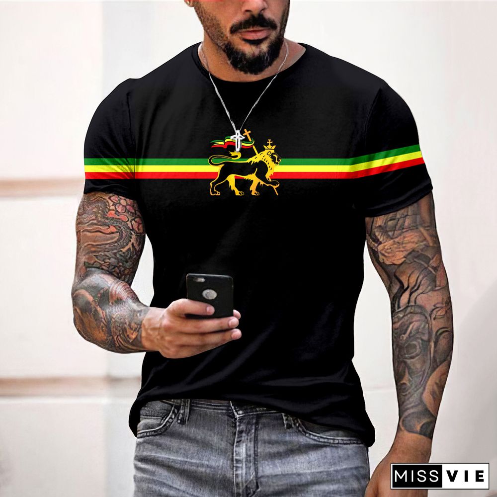 Men'S Stripe Reggae Lion Print T-Shirt