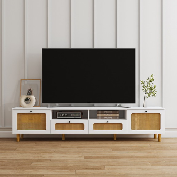 Farmhouse Rattan TV Stand Wood Media Entertainment...