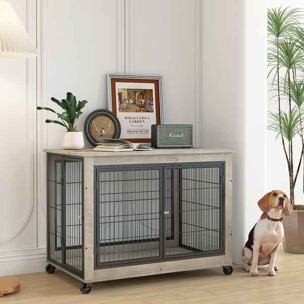 Furniture Style Dog Crate Side Table With Wheels and Lift Top