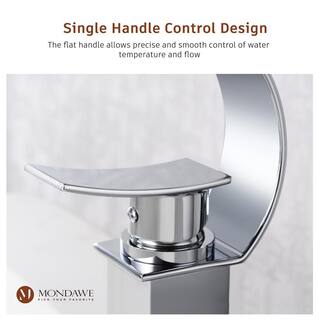 Mondawe Luxury C Waterfall Single Lever Handle Arc Spout Single-Hole Bathroom Sink Faucet with Pop-up Drain in Polish Chrome WF-1381-C