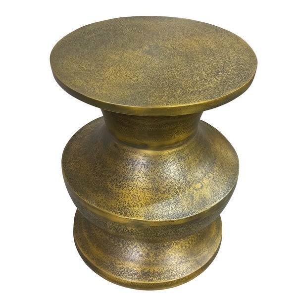 18 Inch Round Accent Side End Table， Turned Pedestal Base， Aluminum， Antique Gold Brass