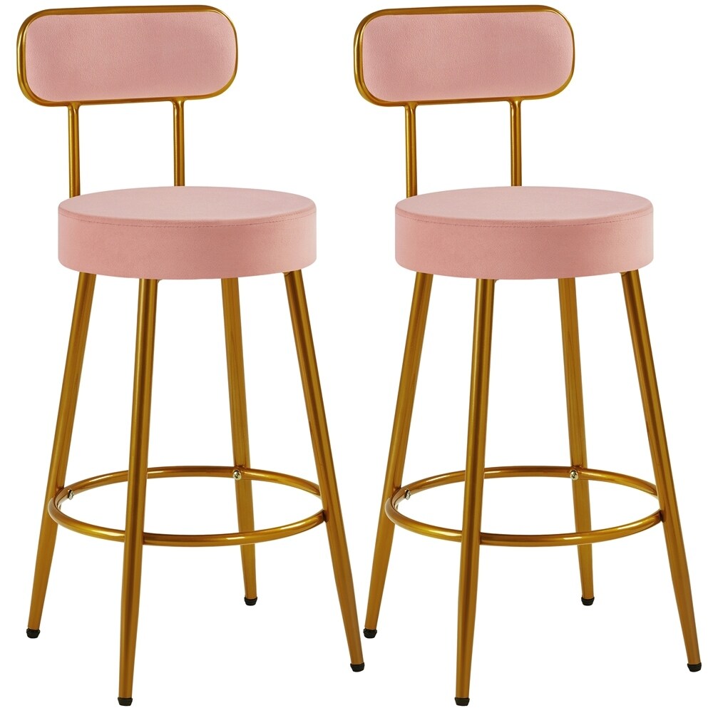 Yaheetech 2pcs Velvet Bar Stools With Gold Legs Counter height Bar Stools with Backrest and Footrest   N/A