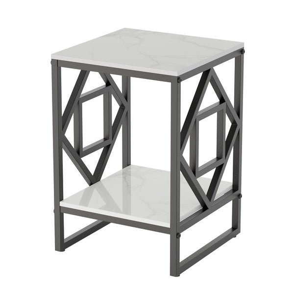 Metal Geometric-Base 2-Tier Marble End Table