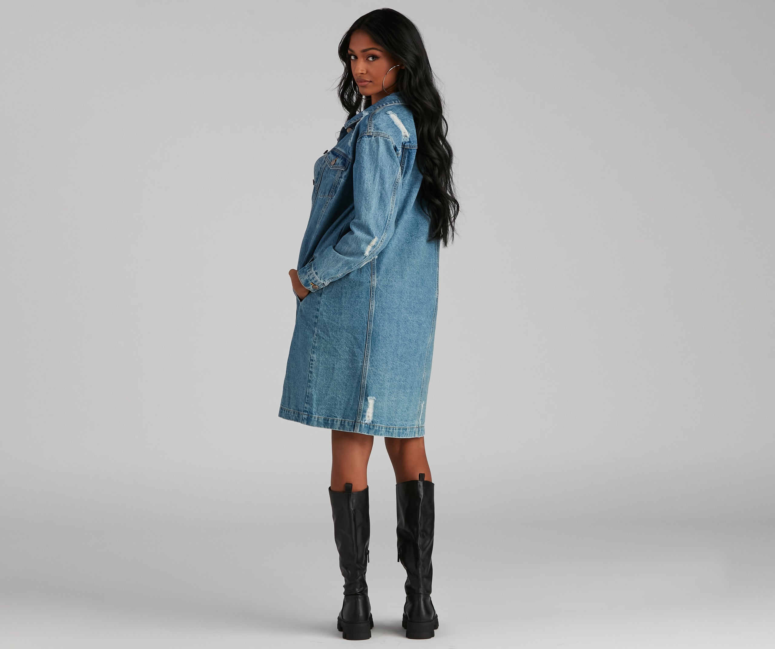 Distressed Denim Long Line Jacket