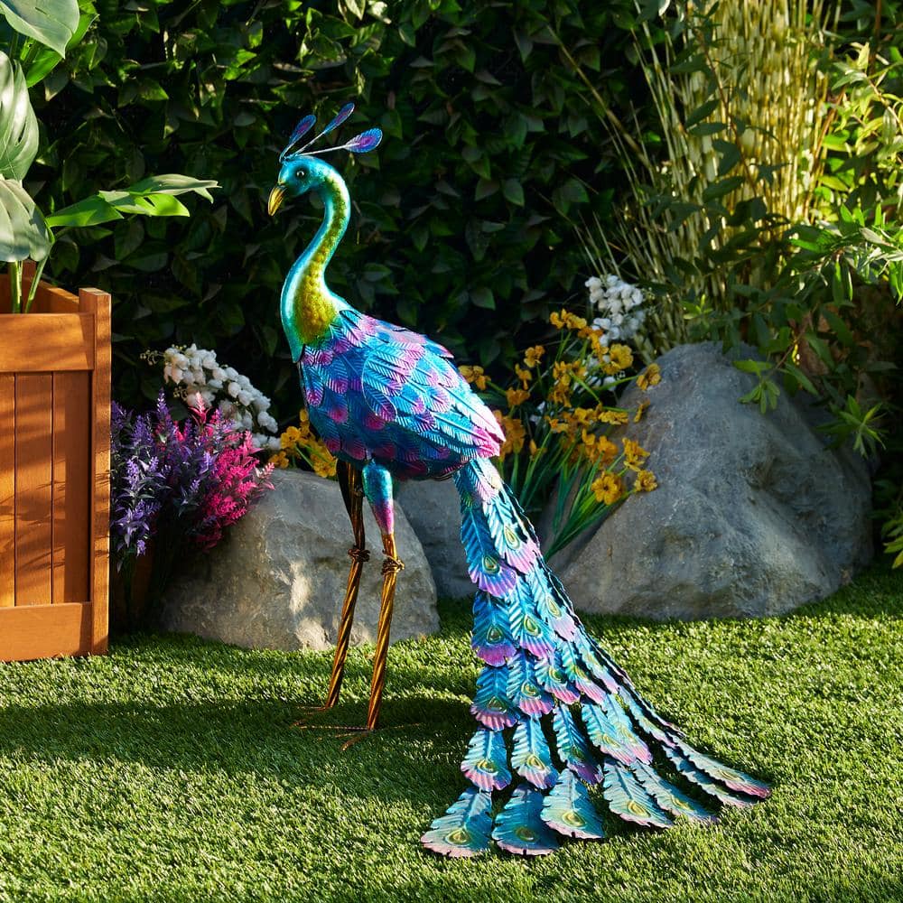 Alpine Corporation 28 in. Tall Outdoor Metallic Peacock Standing Yard Statue Decoration, Multicolor JUM208