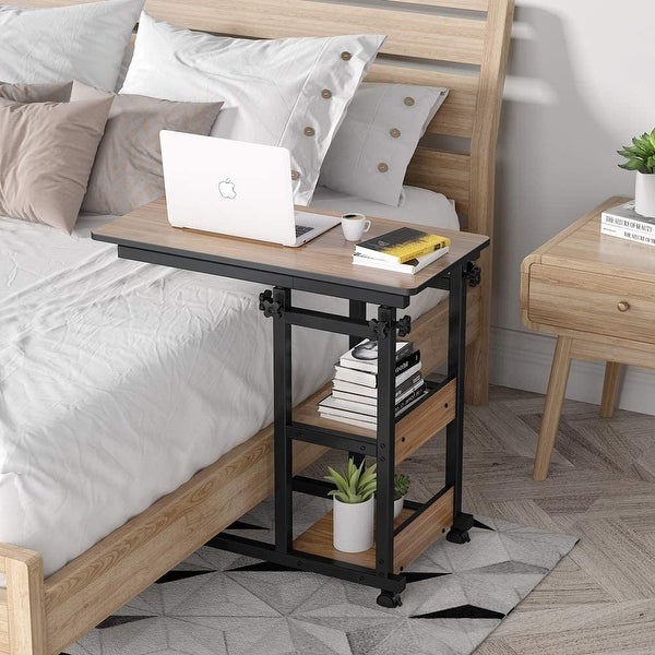 Height Adjustable C Table with Storage Shelves and Wheels， Mobile Sofa Side Table End Table Snack Table