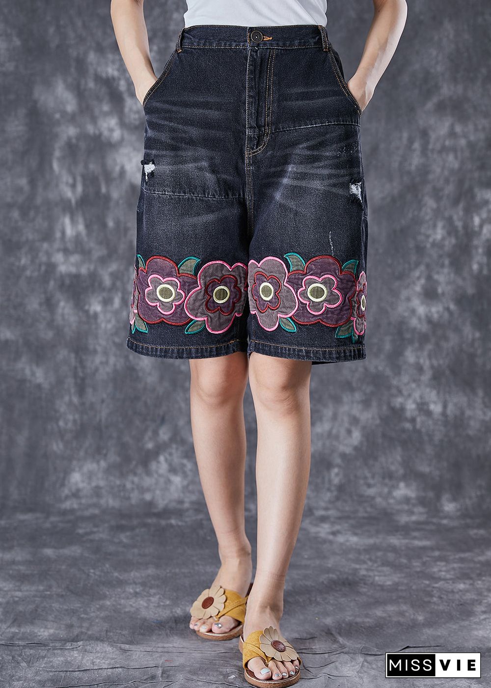 Bohemian Black Elastic Waist Embroideried Floral Denim Shorts Summer