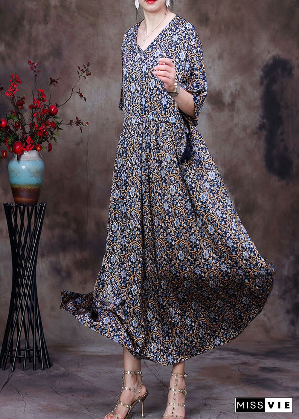 Vintage Blue Print V Neck Drawstring Silk Long Dresses For Women Half Sleeve