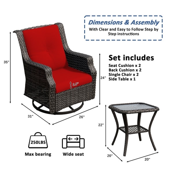 Cozywor 3Piece Wicker Patio Swivel Rocking Chair Outdoor Bistro Set