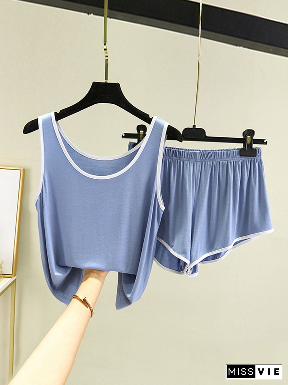 Home Wear Loose Sleeveless Contrast Color Round-Neck Vest&Shorts Pajamas Set