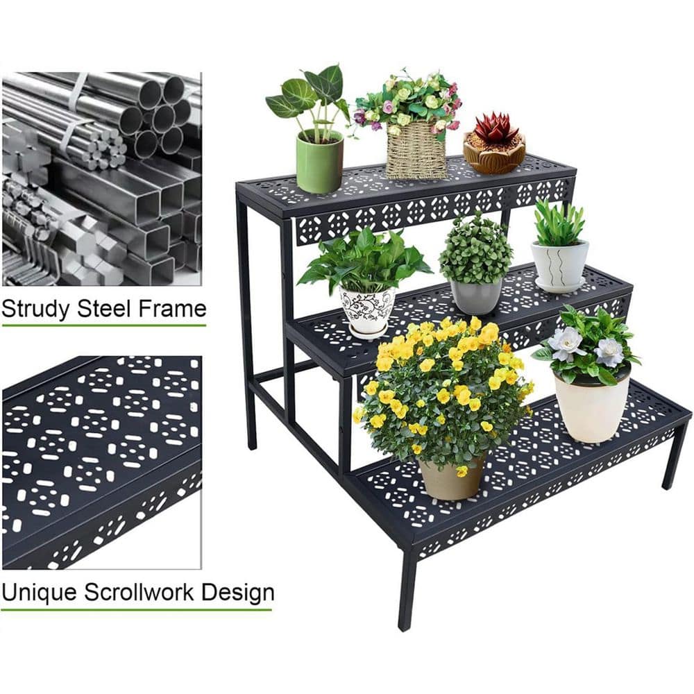 Dyiom Black Ladder Plant Stand 3 Rectangle Layers Stair Style Metal Vintage Shelf Pattern Flower Pot Rack Indoor and Outdoor B09T9PRHL1