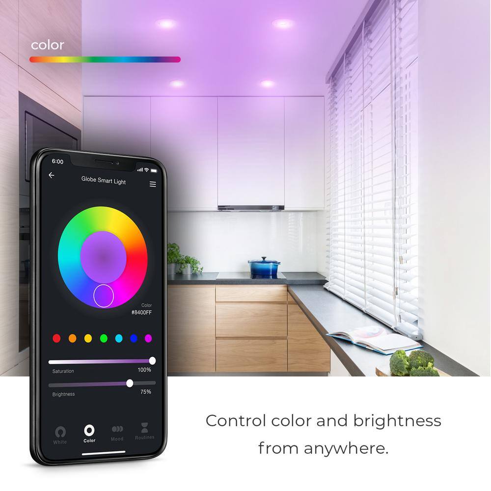 Globe Electric Wi-Fi Smart 4 in. Swivel LED Recessed Lighting Kit 2-Pack Multi-Color Changing RGB Tunable White Wet Rated 50467