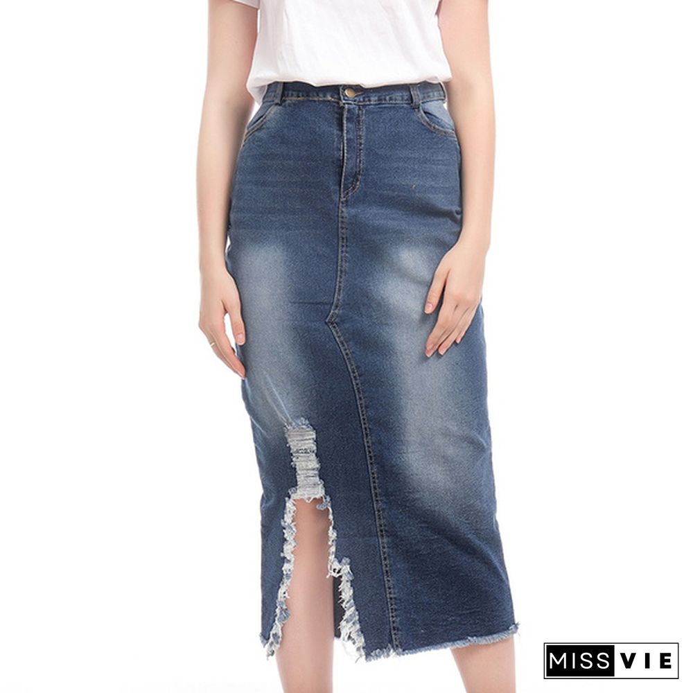 Women Fashion High Waist Ripped Denim Skirt Distressed Jeans Skirts Street Style Destroyed Bodycon Skirts