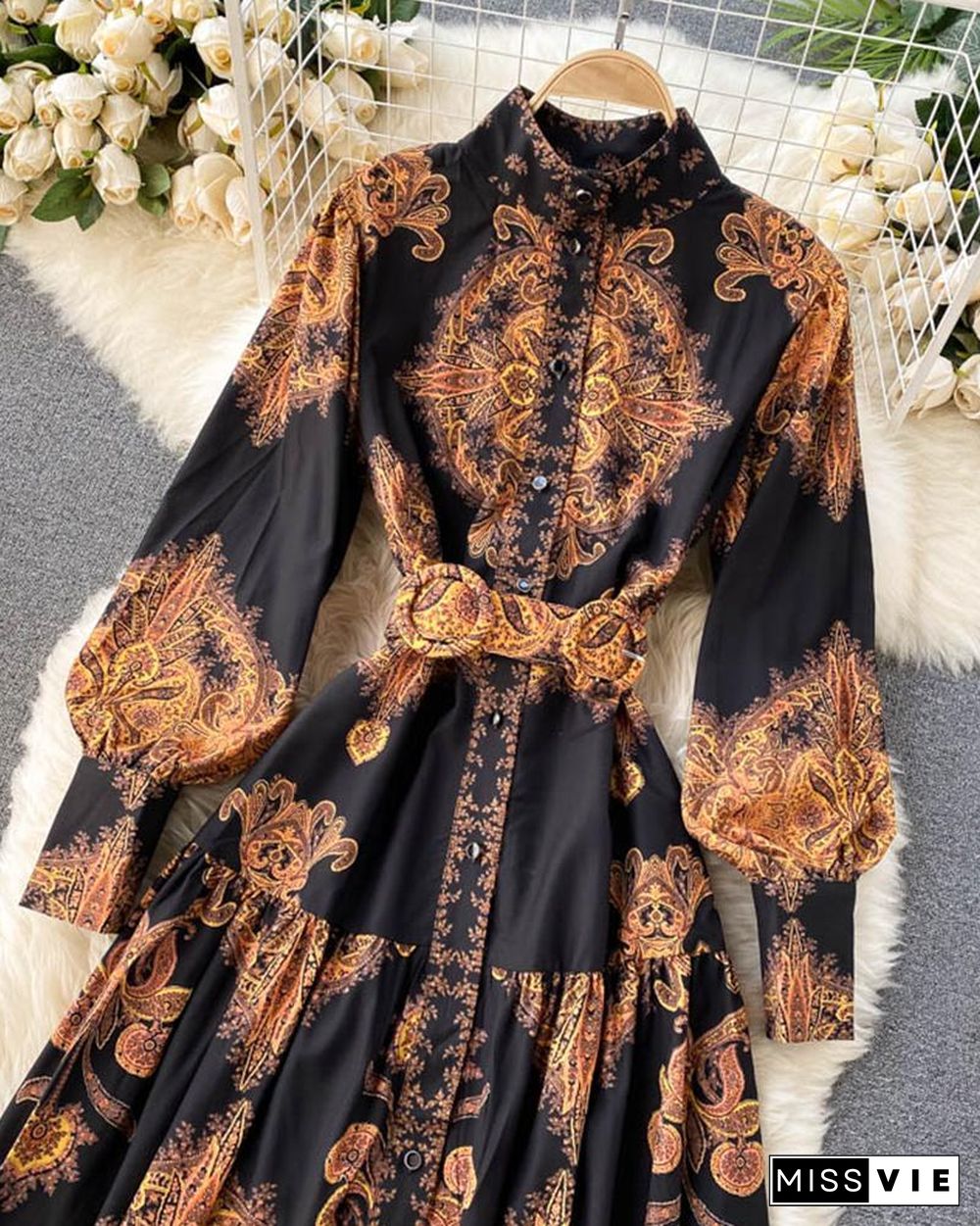 Vintage All Over Print Long Sleeve Maxi Dress With Belt P16174