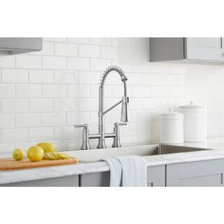 Glacier Bay Pritchard Two-Handle Spring Neck Pull-Down Sprayer Bridge Kitchen Faucet in Stainless Steel HD67080W-1008D2