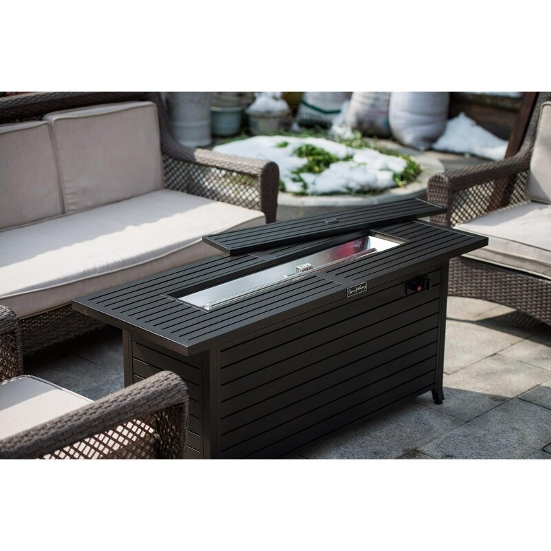 Outdoor Retangular Gas Propane Fire Pit Table with Slats Looking Lid  56.7''L*21.3''W*24''H  72.6LBS