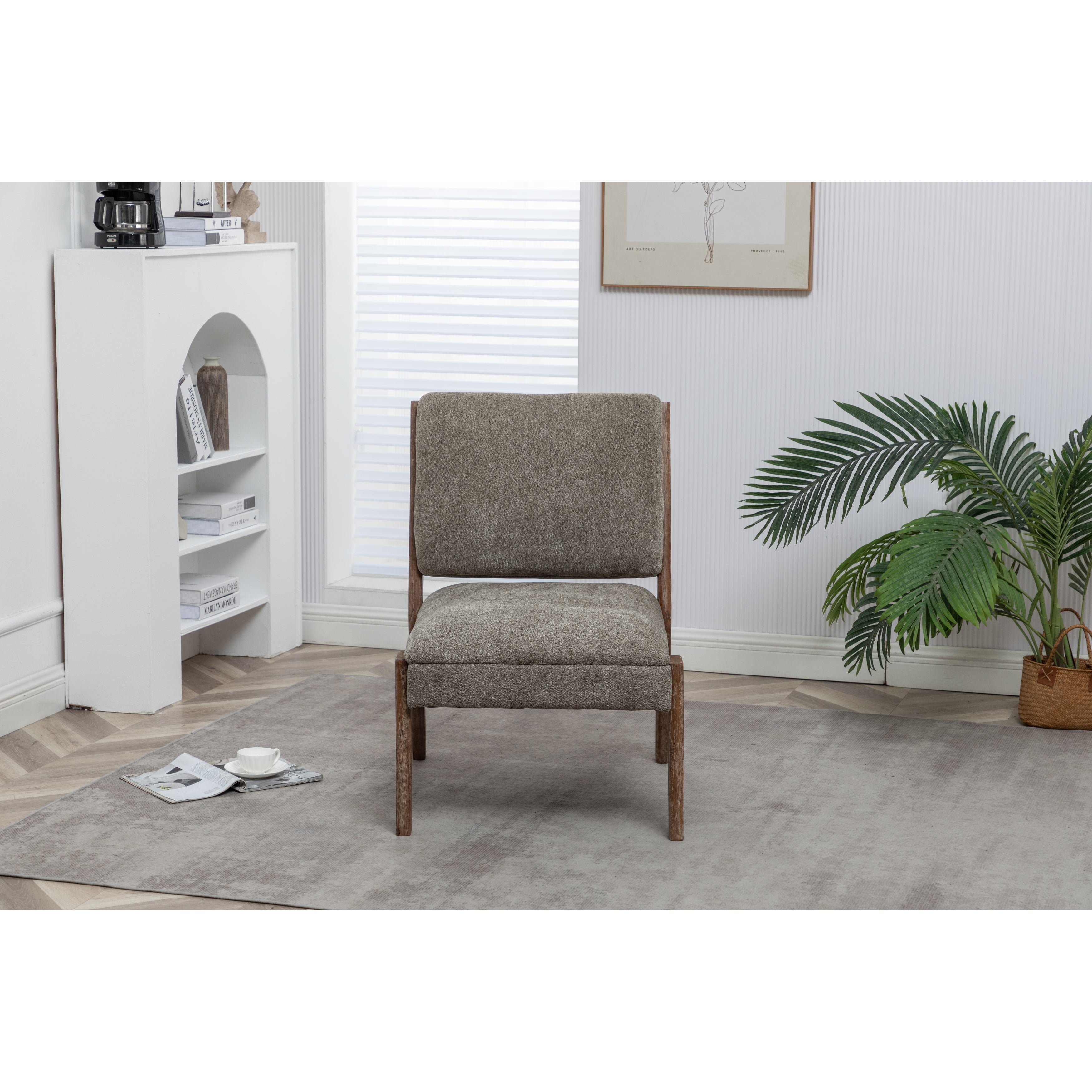 Chenille Single Accent Chair， Wooden Legs， Padded Upholstery， High Density Foam， Small Modern Armless Chair