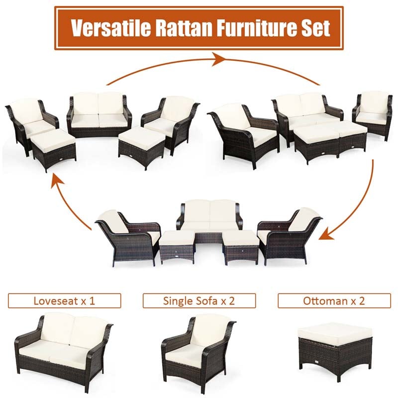 5 Pcs Rattan Wicker Patio Furniture Set with Loveseat, Single Sofas & Ottomans, Outdoor Conversation Sets