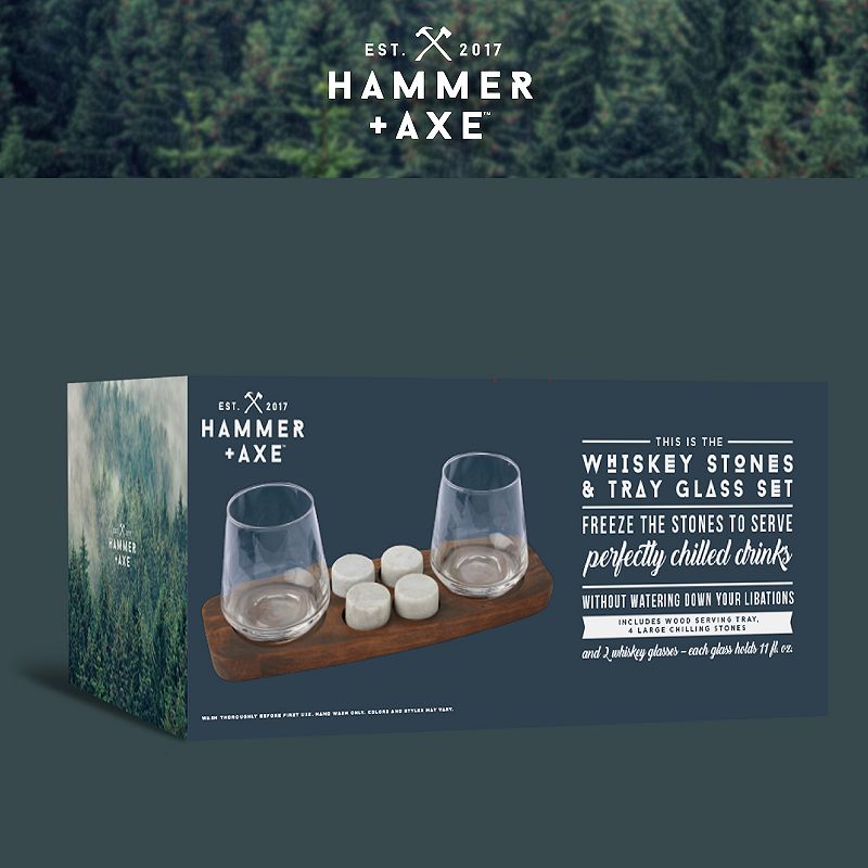 Hammer and Axe Whiskey Stones and Tray Glass Set