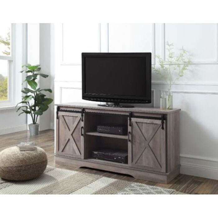 Industrial Wood TV Stand with Open Shelves  2 Sliding Doors and Cable Management Hole