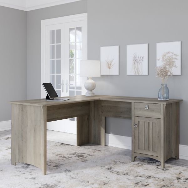 Bush Furniture Salinas 60W L Shaped Desk with Storage in Driftwood Gray