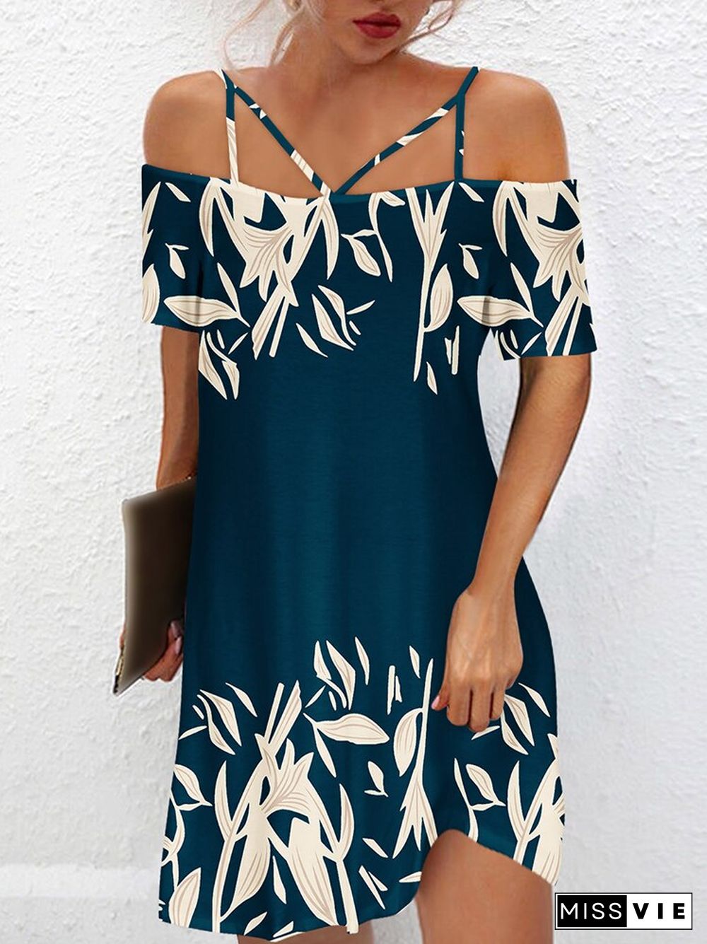 Vintage One-Line Neck Cross Strap Dress Women Summer Sexy Short Sleeve Backless Mini Dress Ladies Fashion Printed Loose Dresses