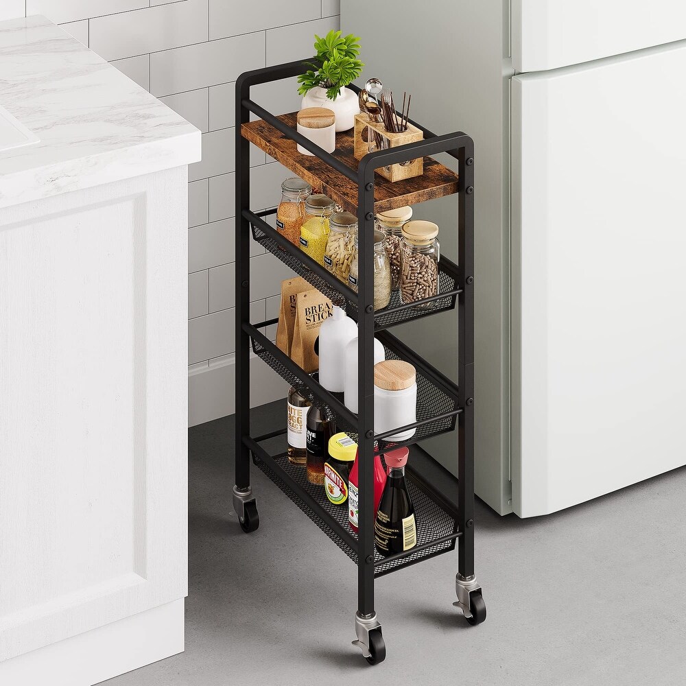 4 Tier Rolling Cart Kitchen Storage Cart with Handle and Lockable Casters