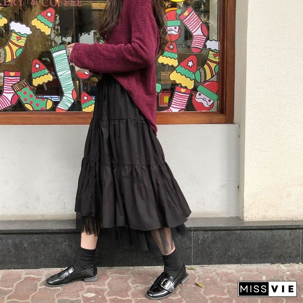 Long Tulle Midi Skirts Womens Autumn Elastic High Waist Mesh Tutu Pleated Skirts Female Black White Long Skirt Streetwear