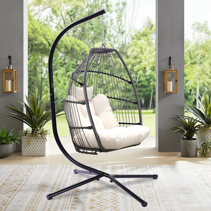 Simplie Fun Outdoor Patio Wicker Folding Hanging Chair Rattan Swing Hammock Egg Chair With Cushion And Pillow