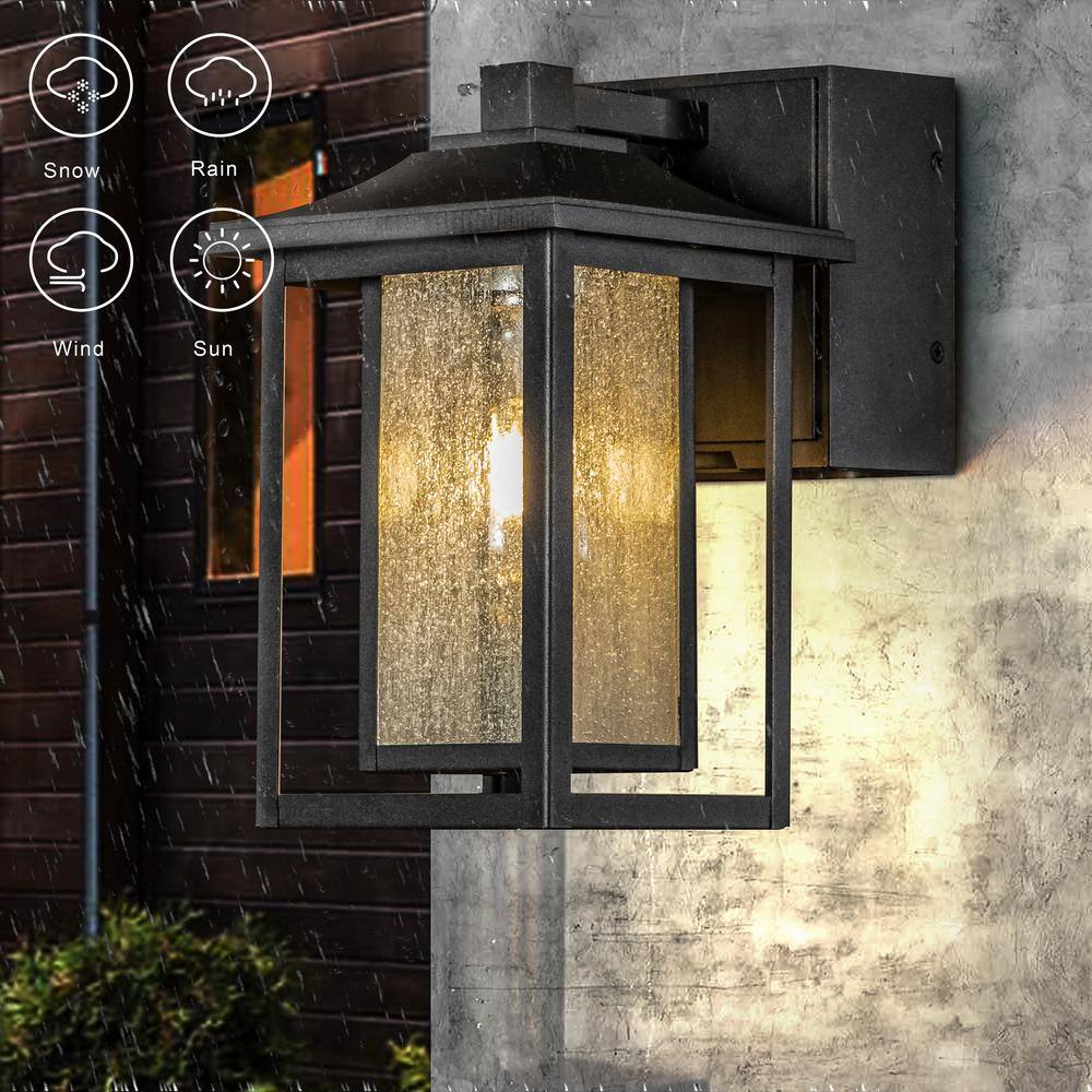 ALOA DECOR 1 Light Matte Black Dusk to Dawn Sensor Outdoor Wall Lantern Sconces with Seeded Glass and Built-in GFCI Outlets H7087W06A