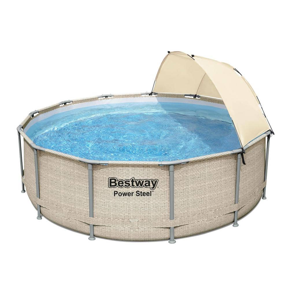 Bestway 13 ft. x 13 ft. Round 42 in. Deep Metal Frame Above Ground Outdoor Swimming Pool Set with Canopy 5614UE-BW